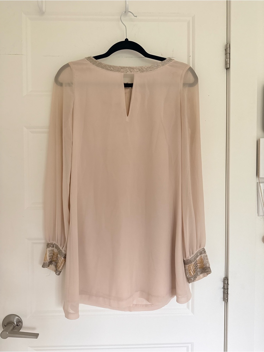 Marciano Blush Pink Chiffon Long-Sleeve Dress with Metallic Trim